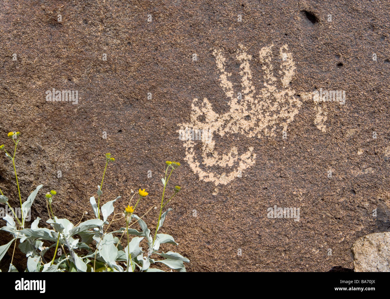 Un antico Hohokum indiani Petroglyph rovesciata bighorn forse questo ha rappresentato un successo della caccia questa arte è loca Foto Stock