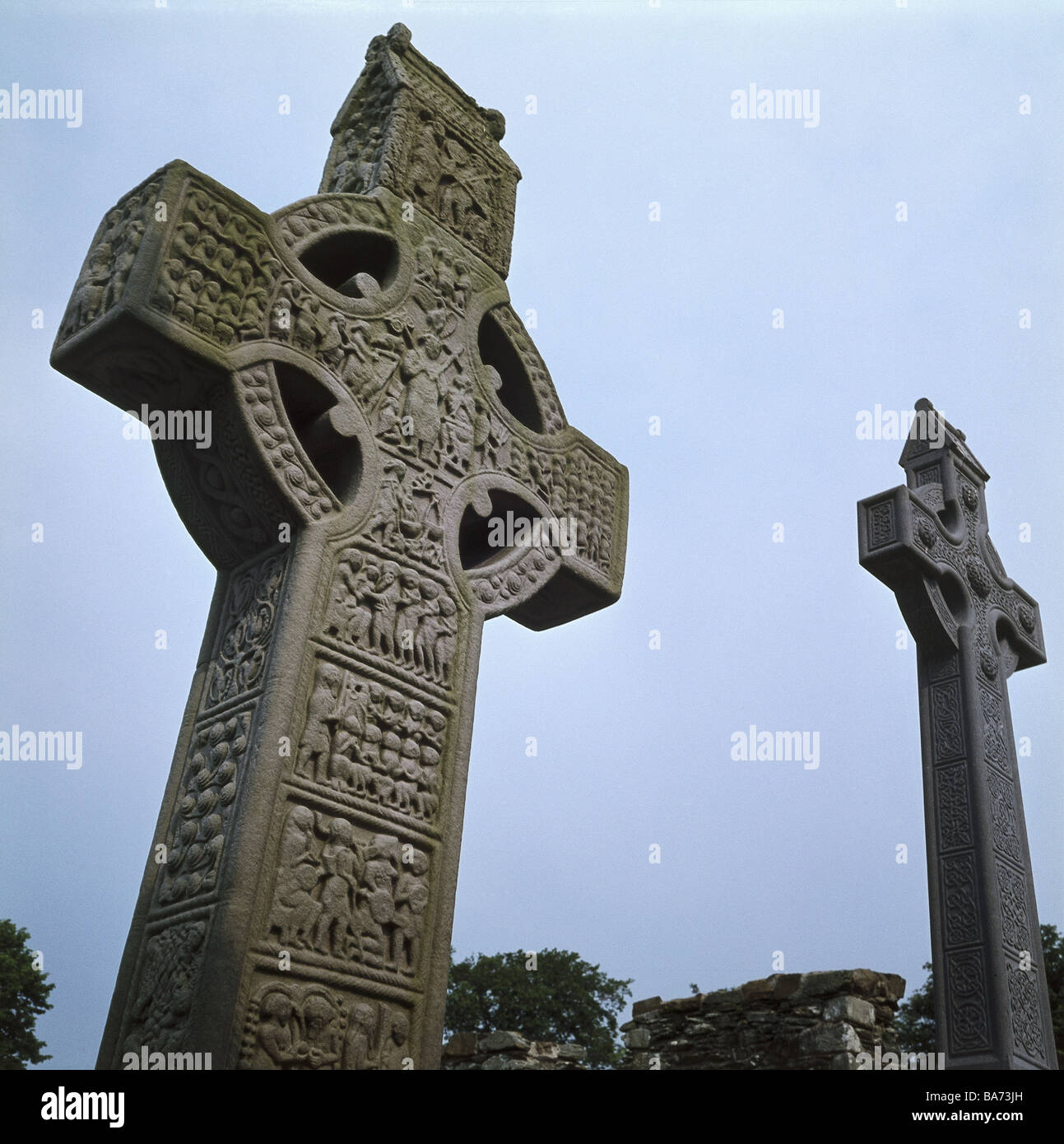 L'Irlanda Monasterboice Muiredach croce di pietra celtico-attraversa attraversa ad alta attraversa attraversa la Bibbia-attraversa la convinzione la religione vista Foto Stock