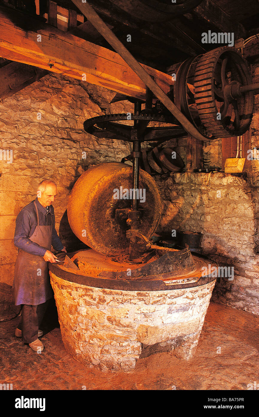 Francia, Lot, Haut Quercy, Martel area, laminatoio per la produzione di olio di noce Foto Stock