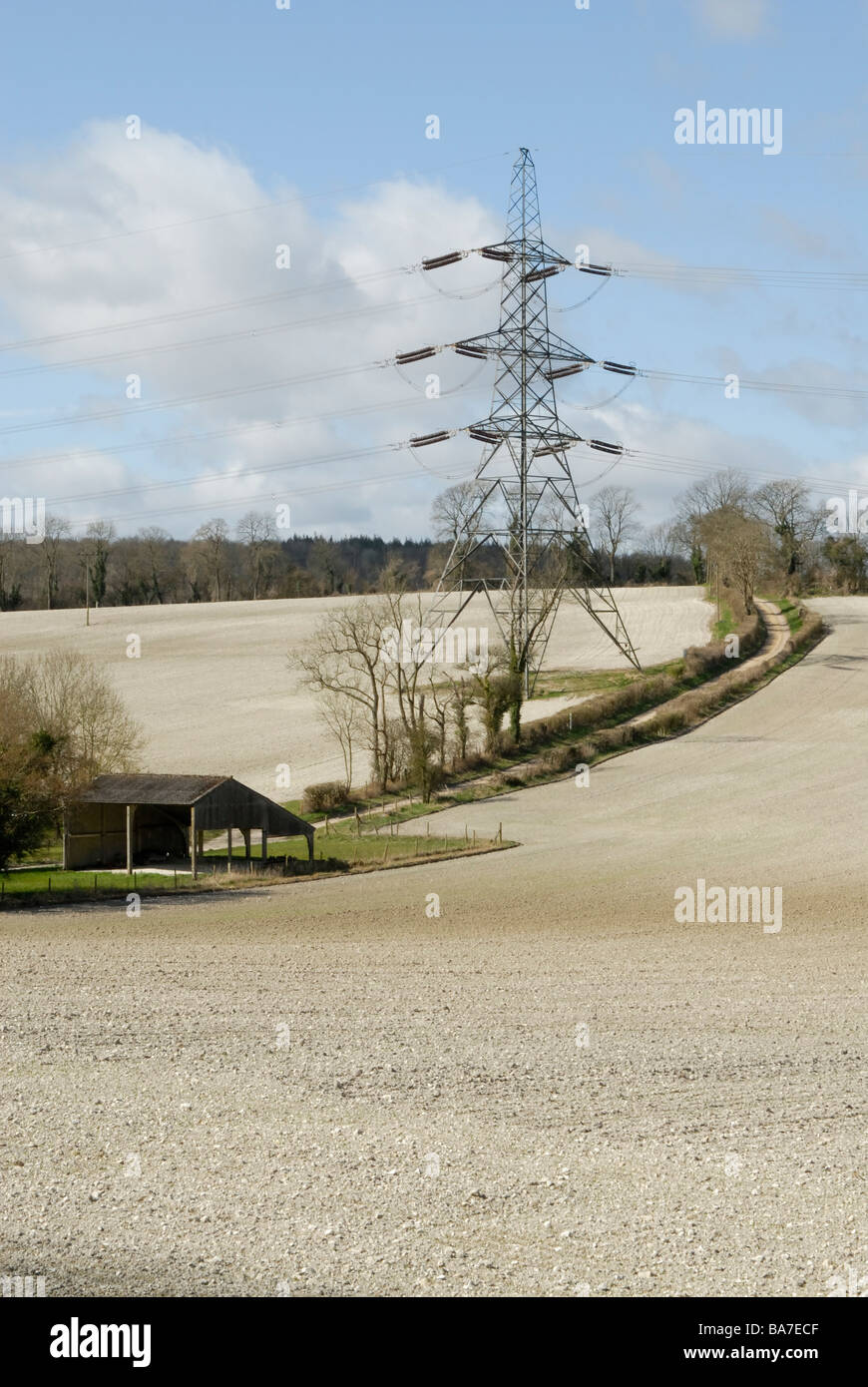 Pilone di elettricità e i cavi che gettano ombre attraverso campi gessose del South Downs, nr di Petersfield, Hampshire, Inghilterra Foto Stock