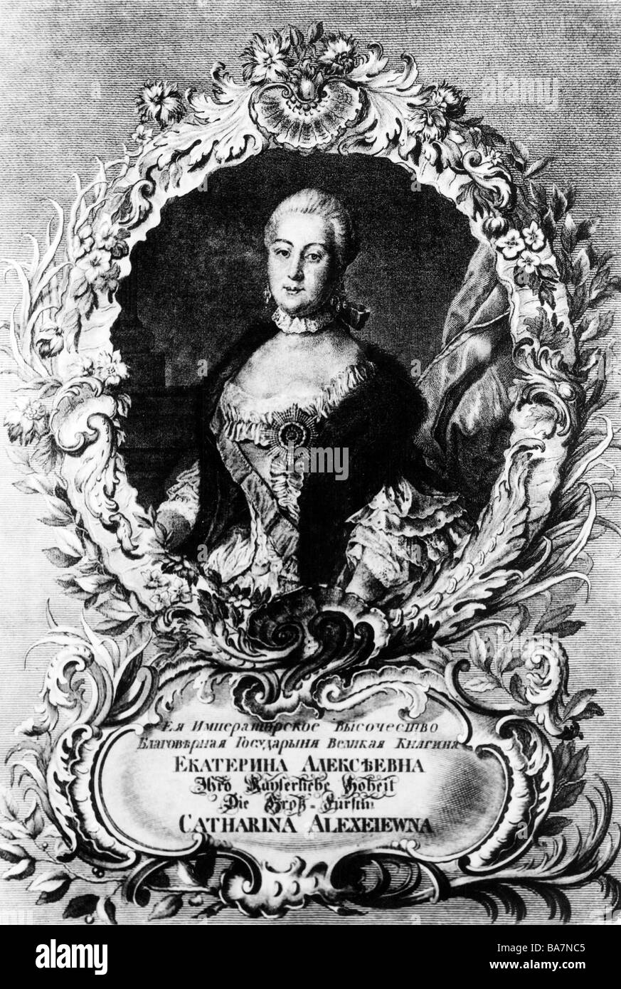 Catherine II "grandi", 2.5.1729 - 17.11.1796, imperatrice di Russia 1762 - 1796, a mezza lunghezza e incisione su rame, circa 1750, artista del diritto d'autore non deve essere cancellata Foto Stock