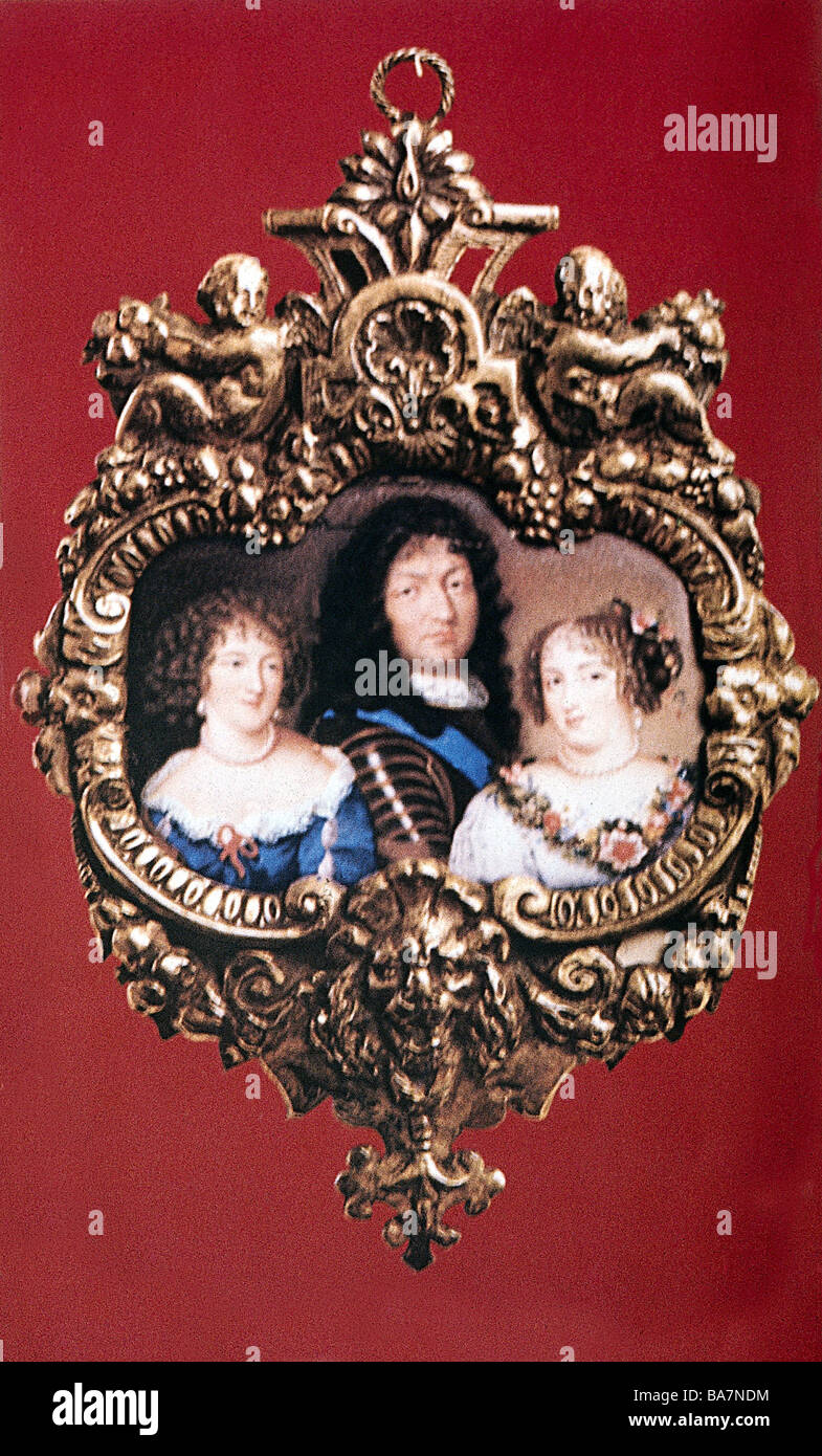 Luigi XIV, 5.9.1638 - 1.9.1715, re di Francia 1643 - 1715, ritratto, con le sue amanti Louise de la Valliere e Francoise Marquise de Montespan, in miniatura, Foto Stock