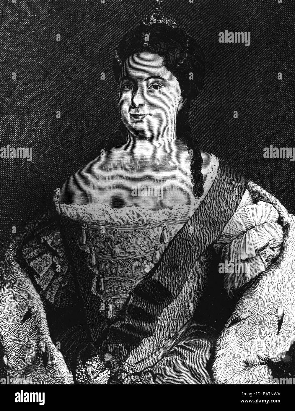 Catherine I. Alexeyevna, 15.4.1684 - 6.5.1727, imperatrice di Russia 1725 - 1727, incisione dopo la verniciatura dalla galleria di Romanov, Foto Stock
