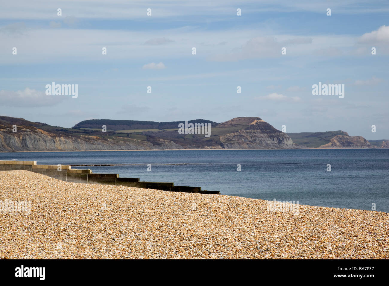 Vedute lungo la Jurassic Costa Dorata a cappuccio dal recentemente creato sulla spiaggia di ciottoli a Lyme Regis Dorset Foto Stock