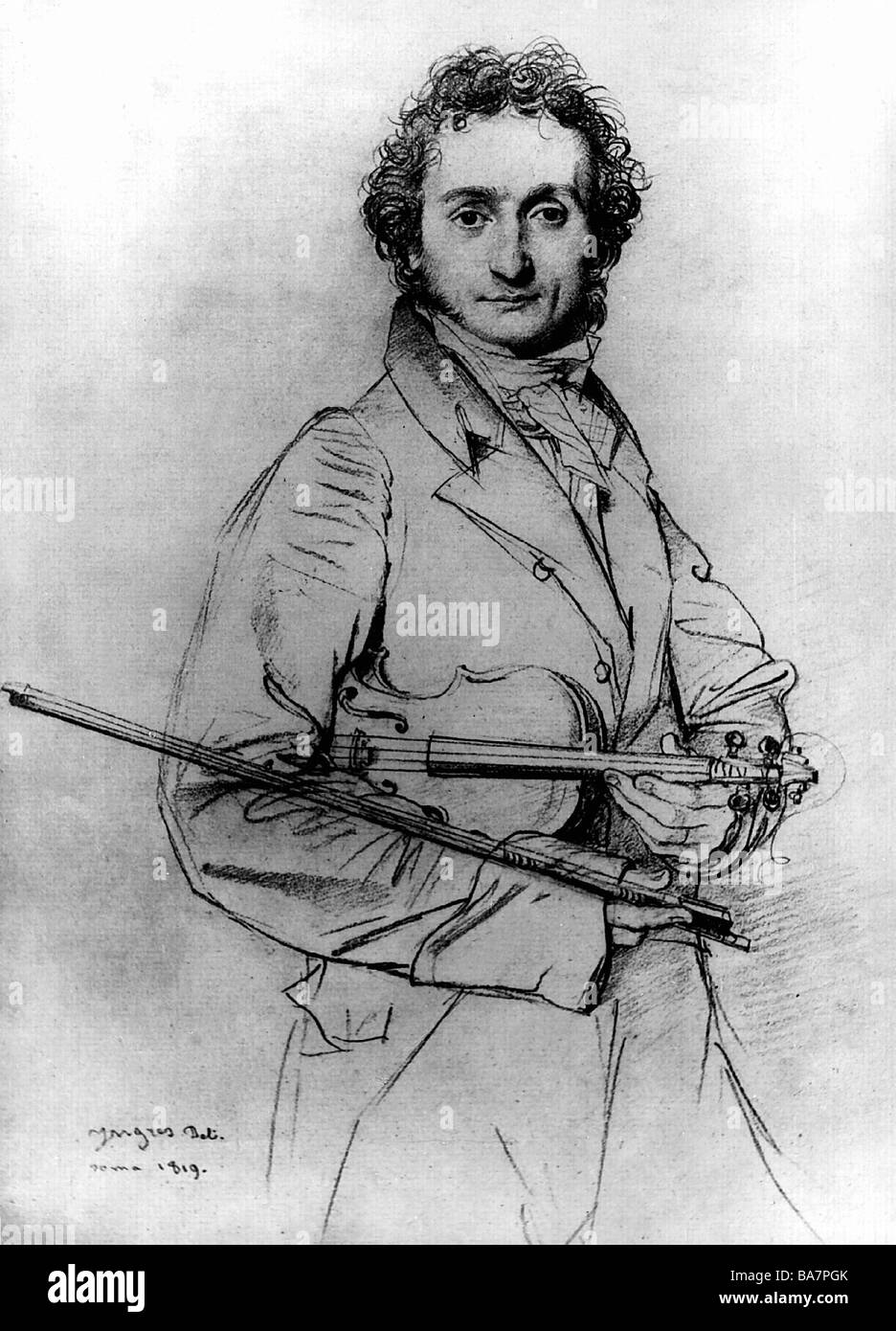 Paganini, Niccolo, 27.10.1782 - 27.5.1840, musicista italiano (violinista), a mezza lunghezza, disegnato da Jean Auguste Ingres, Parigi, 1819, , Foto Stock