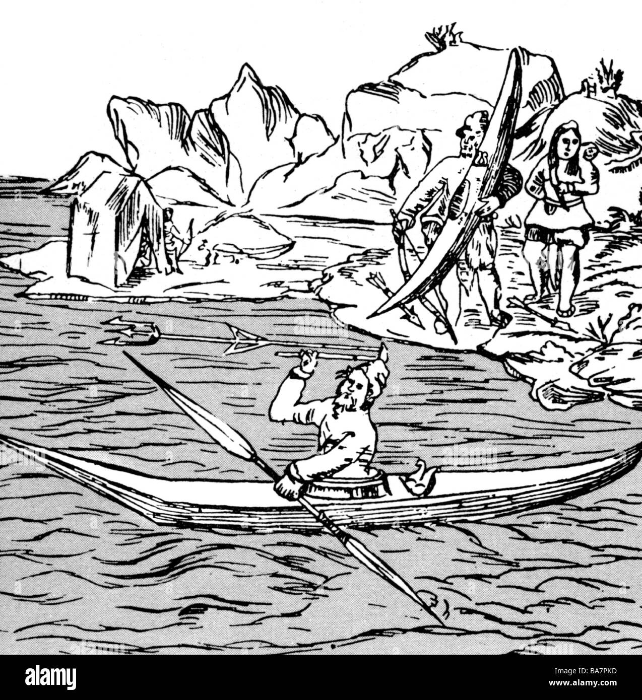 Frobisher, Martin, circa 1535 - 22.11.1594, navigatore inglese, spedizione in Groenlandia, 1578, disegno di un Eskimo in kayak, incisione contemporanea, 16th secolo, Foto Stock