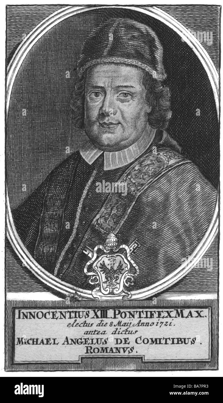 Innocenzo XIII (Michelangelo dei conti), 13.5.1655 - 7.3.1724, Papa dal 8.5.1721, ritratto, ovale, con cresta e iscrizione, incisione su rame, circa 8,5 x 14 cm, anonimo, XVIII secolo, artista del diritto d'autore non deve essere cancellata Foto Stock