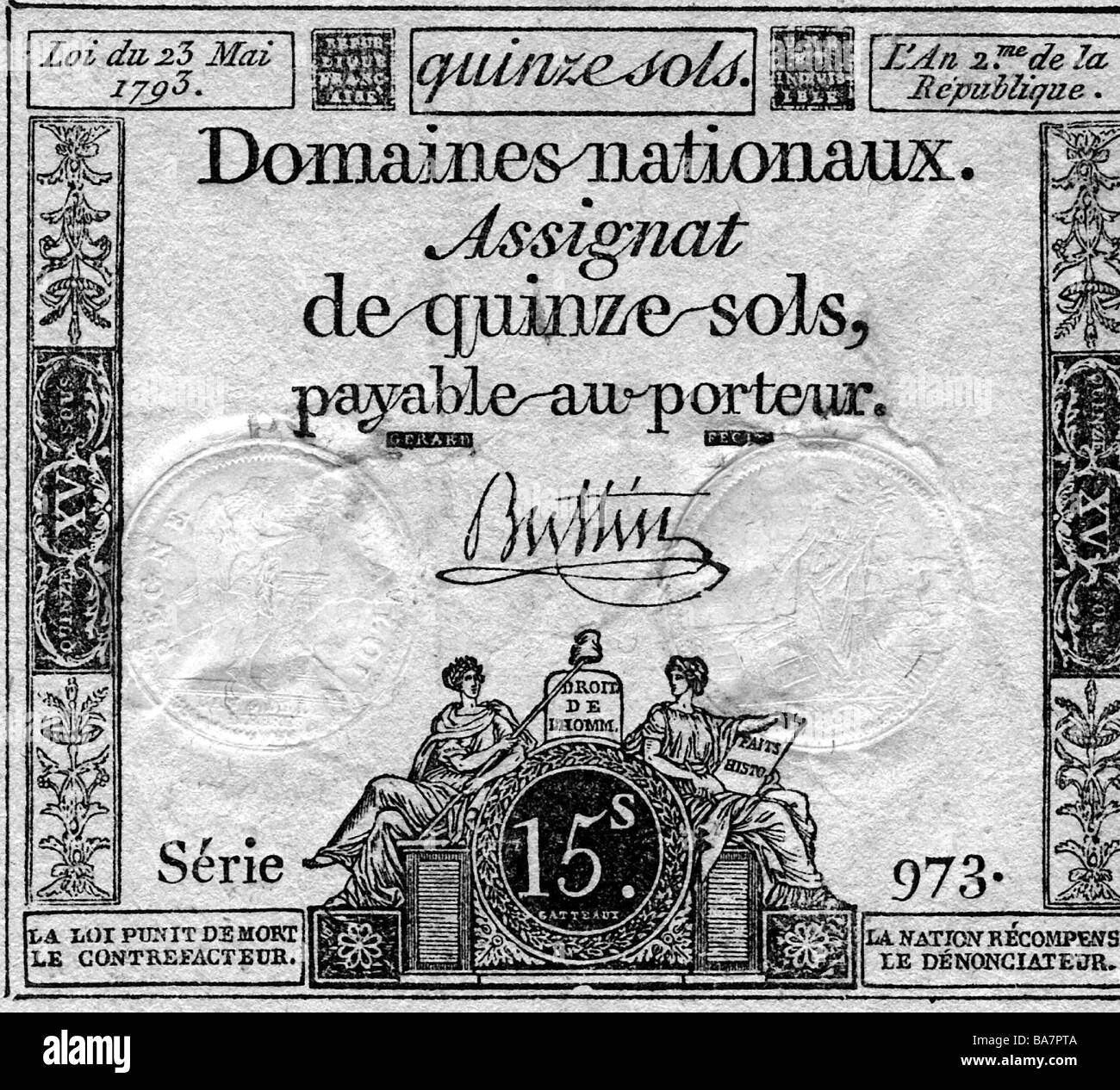 Denaro / finanza, assegnats, assignat per 15 sous, serie 973, Francia, 23.5.1793, carta moneta, banconota, Rivoluzione francese, 18th secolo, numismatica, storico, storico, Foto Stock