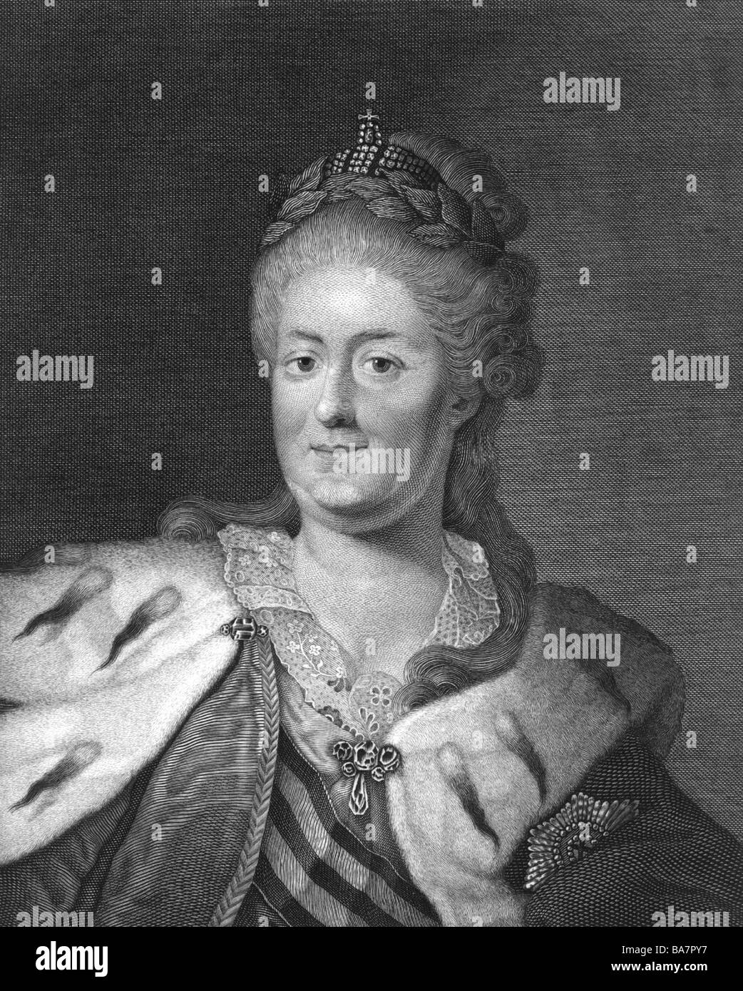 Catherine II "grandi", 2.5.1729 - 17.11.1796, imperatrice di Russia 1762 - 1796, a mezza lunghezza e incisione in acciaio, anonimo, rifilando circa 15,5 x 20 cm, artista del diritto d'autore non deve essere cancellata Foto Stock