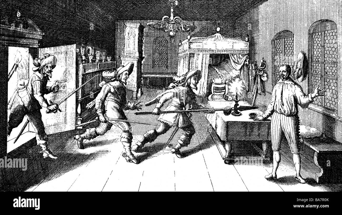 Wallenstein, Albrecht von, 24.9.1583 - 25.2.1634, Bohemian generale, morte, ucciso in Cheb dal capitano Walter Devereux, incisione su rame da Mathaeus Merian, secolo XVII, , artista del diritto d'autore non deve essere cancellata Foto Stock