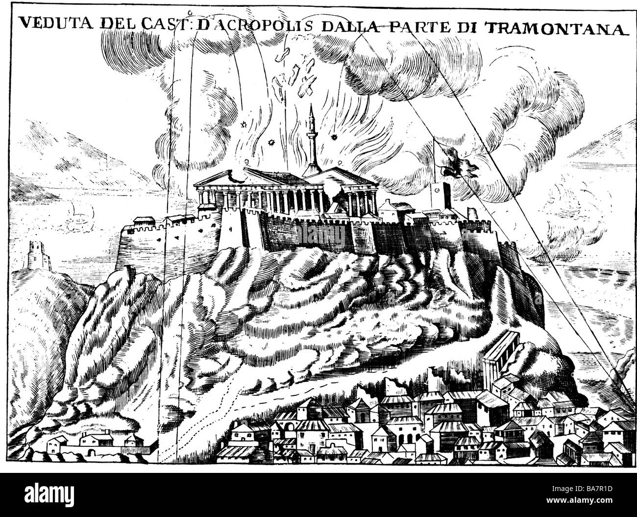 Geografia / viaggio, Grecia, Atene, assedio di Venezia 1684 - 1688, distruzione del Partenone attraverso l'esplosione di polvere di stoccaggio del turco, 28.9.1687, incisione italiana contemporanea, storico, storico, Europa, 17th secolo, guerra Veneto-turca, guerre ottomane, acropoli, Venezia, Impero Ottomano, bombardamento, Patrimonio Mondiale dell'UNESCO / Siti, Foto Stock