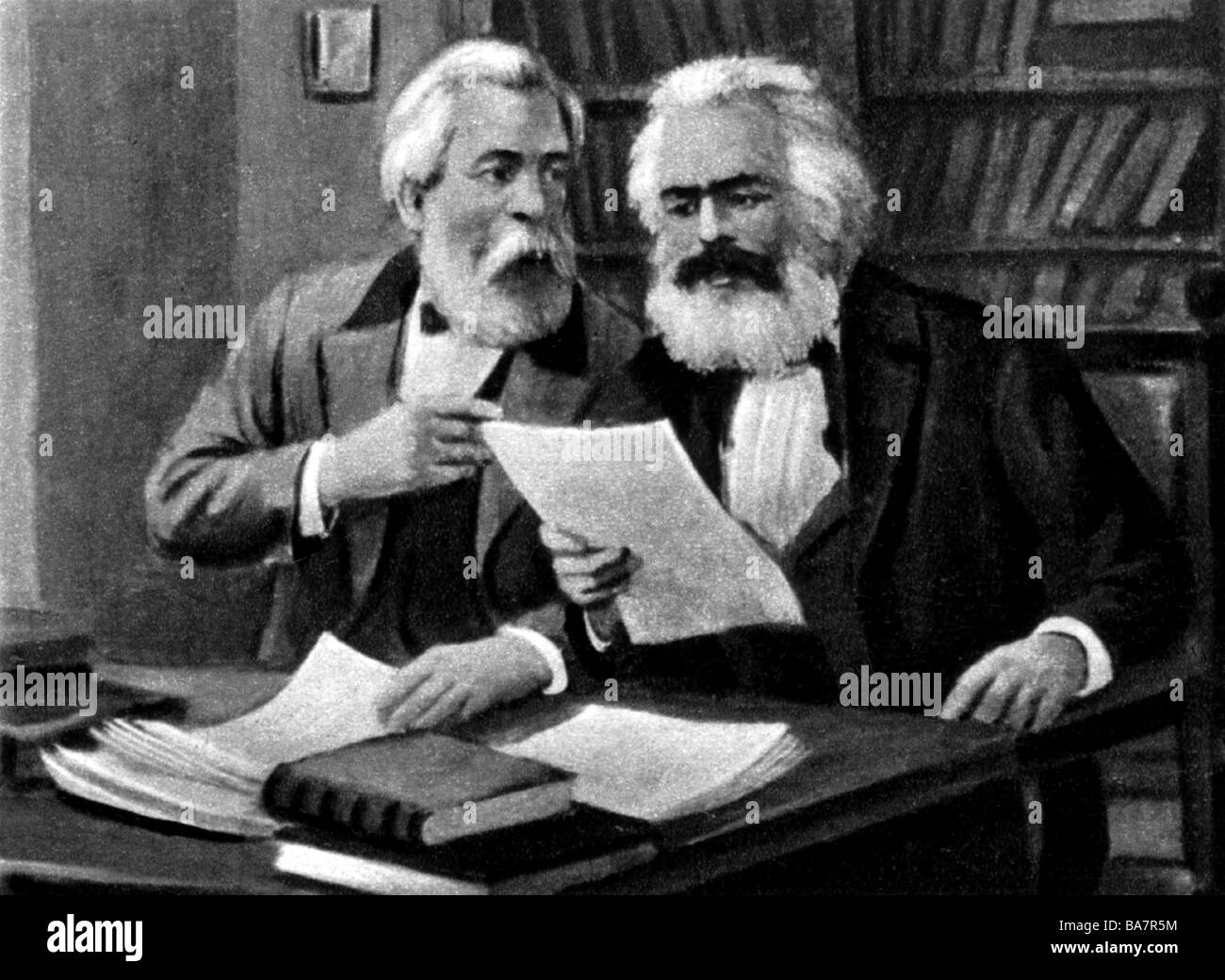 Marx, Karl, 5.1818 - 14.3.1883, filosofo e giornalista tedesco, a mezza lunghezza, con Friedrich Engels, dipinto da anonimo, circa 1880, Foto Stock