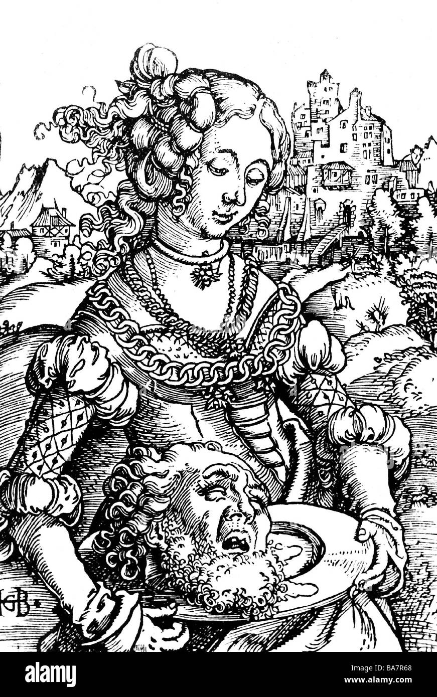 Salome, circa 15 - circa 61, figlia di Erodiade, nipote di Erode il Grande, con il capo di Giovanni Battista, ligneo, circa 16th secolo, Foto Stock