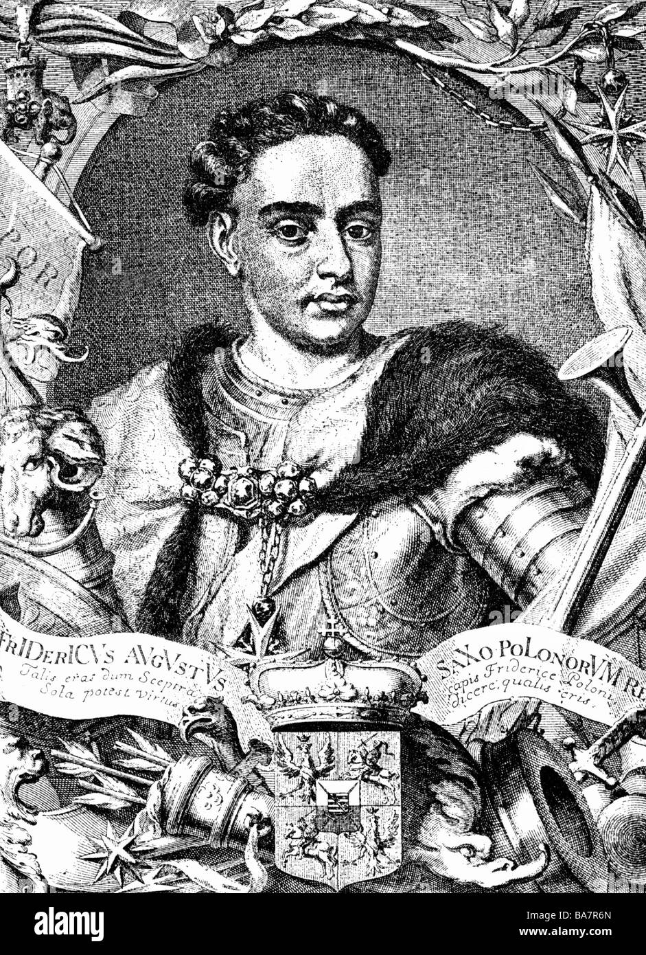 Federico Augusto I "forti", 12.5.1670 - 1.2.1733, Elettore di Sassonia a partire dal 27.4.1694, Re di Polonia dal 15.9.1697, a mezza lunghezza e con bordo allegorico, contemporanea incisione su rame, artista del diritto d'autore non deve essere cancellata Foto Stock