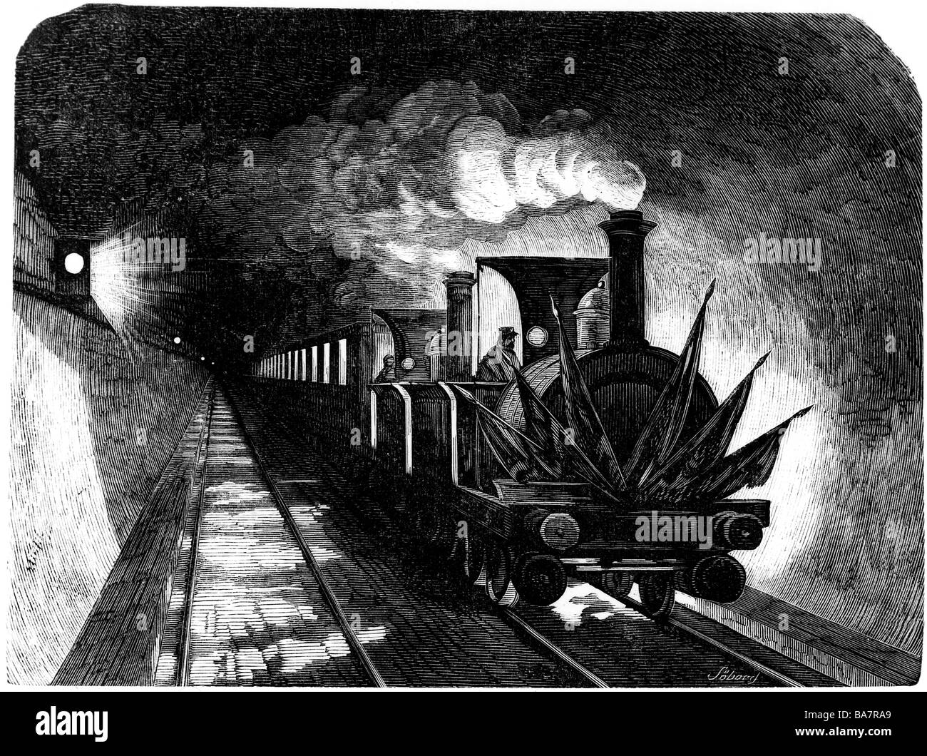 Trasporti / trasporto, gallerie, Frejus Rail Tunnel, apertura, 17.9.1871, il primo treno che passa attraverso, incisione del legno, 1871, locomotiva a vapore, collegamento, Francia, Italia, Mont Cenis, Monte Cenisio, linea, alpi, Europa, 19th secolo, storico, storico, Foto Stock