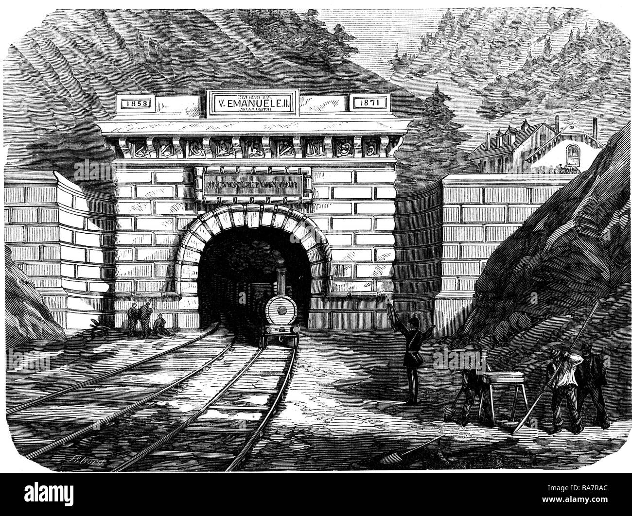 Trasporti / trasporto, gallerie, Frejus Rail Tunnel, entrata nord et Mondane, Francia, incisione del legno, 1871, Foto Stock