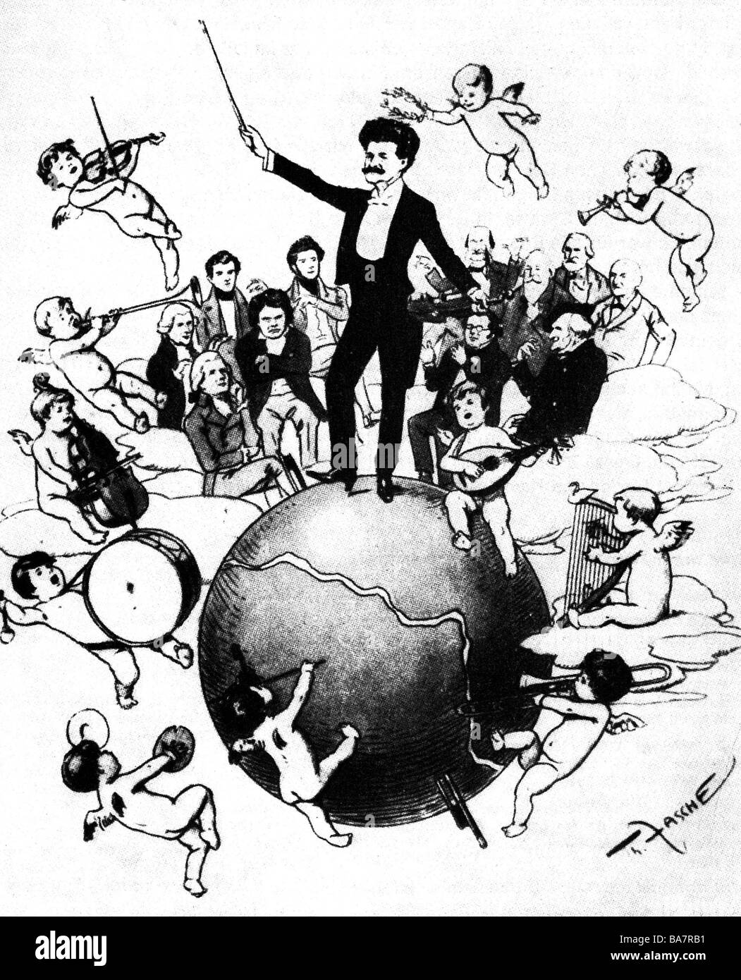 Strauss, Johann II (Il Giovane), 25.10.1825 - 3.6.1899, compositore austriaco, 'il re valzer' in cielo, caricatura, di Theo Zasche (1862 - 1922), Foto Stock