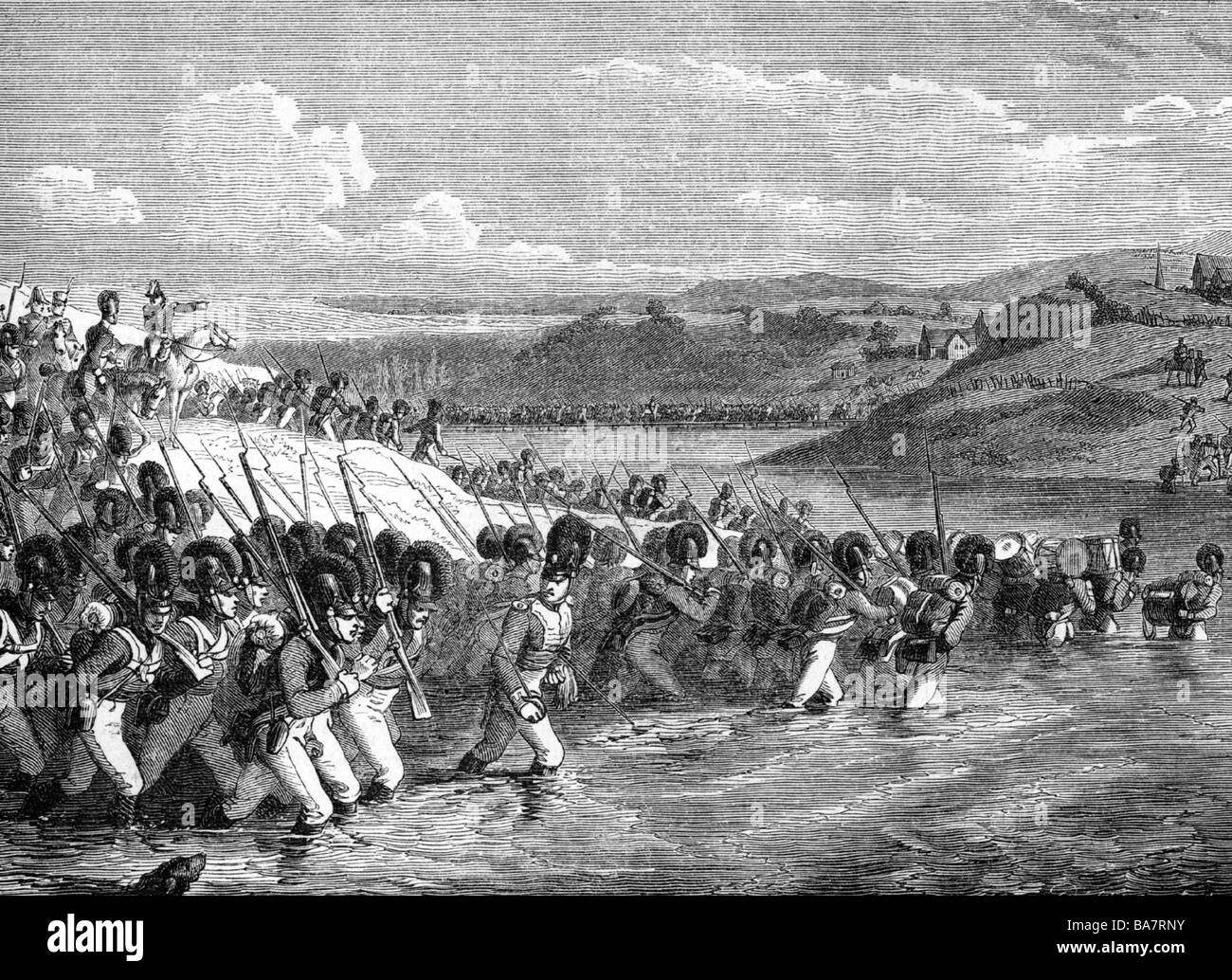 Eventi, Guerra della Sesta Coalizione 1812 - 1814, Battaglia di Bautzen 20.- 21.5.1813, Divisione Bavarese Raglovich attraversando fiume Sprea, 20.5.1813, incisione del legno dopo Philippoteaux, 19th secolo, Guerre Napoleoniche, Germania, Sassonia, Baviera, Conferderazione del Reno, fanteria, storico, storico, popolo, Foto Stock