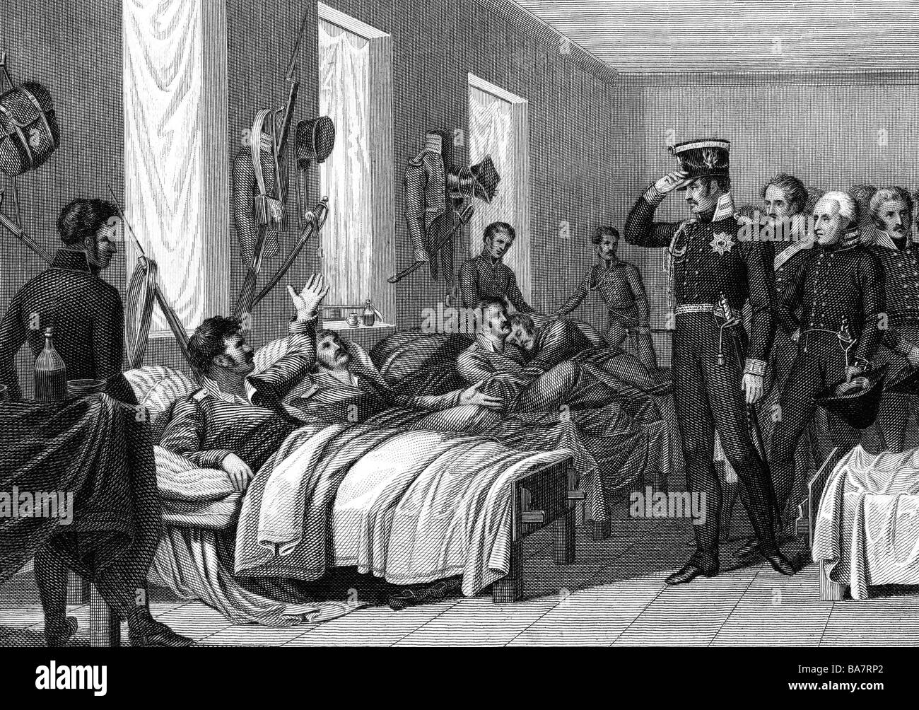 Federico Guglielmo III, 3.8.1770 - 7.6.1840, King of Prussia 16.11.1797 - 7.6.1840, la visita di un ospedale dopo la battaglia di Bautzen, 21.5.1813, acciaio, incisione del XIX secolo, l'artista del diritto d'autore non deve essere cancellata Foto Stock