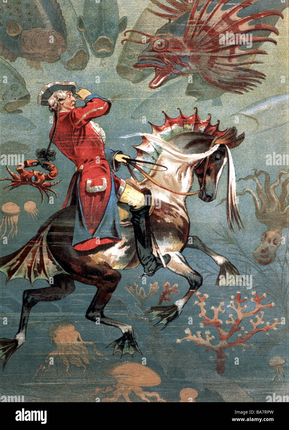 Münchhausen, barone Karl Friedrich Hieronymus, Freiherr von, 11.5.1720 - 22.2.1797, dipinto di G. F. Münchhausen in mare, nuotare sotto l'acqua sul suo cavallo con le pinne, artista del diritto d'autore non deve essere cancellata Foto Stock