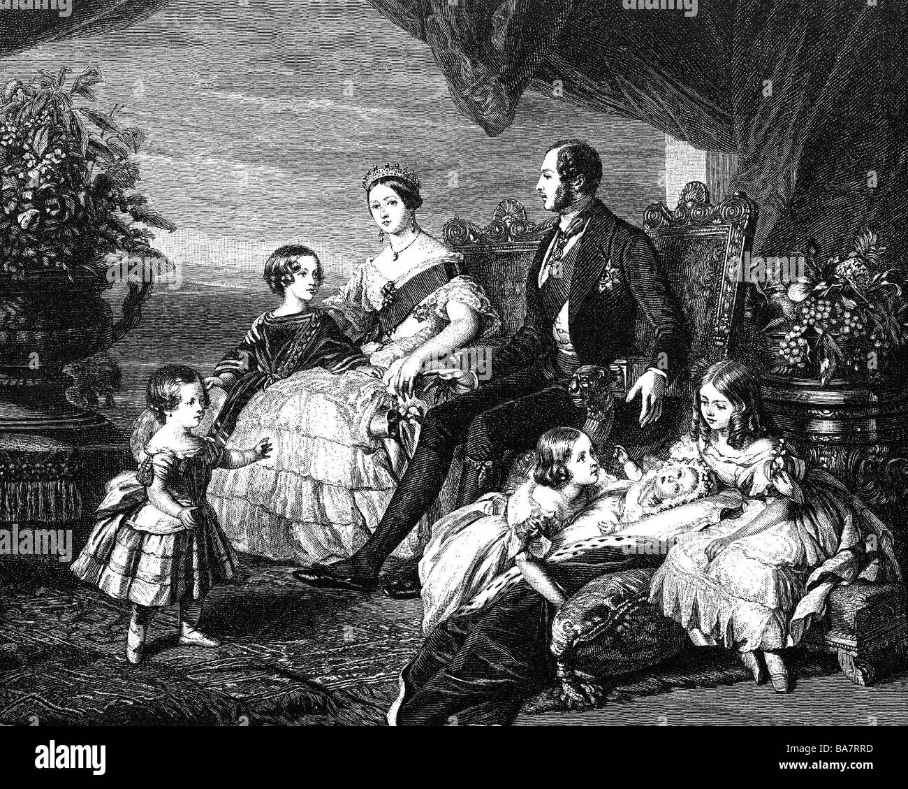 Victoria i, 24.5.1819 - 22.1.1901, Regina di Gran Bretagna e Irlanda 20.6.1837 - 22.1.1901, con famiglia, incisione di Samuel Cugins, 19th secolo, , Foto Stock