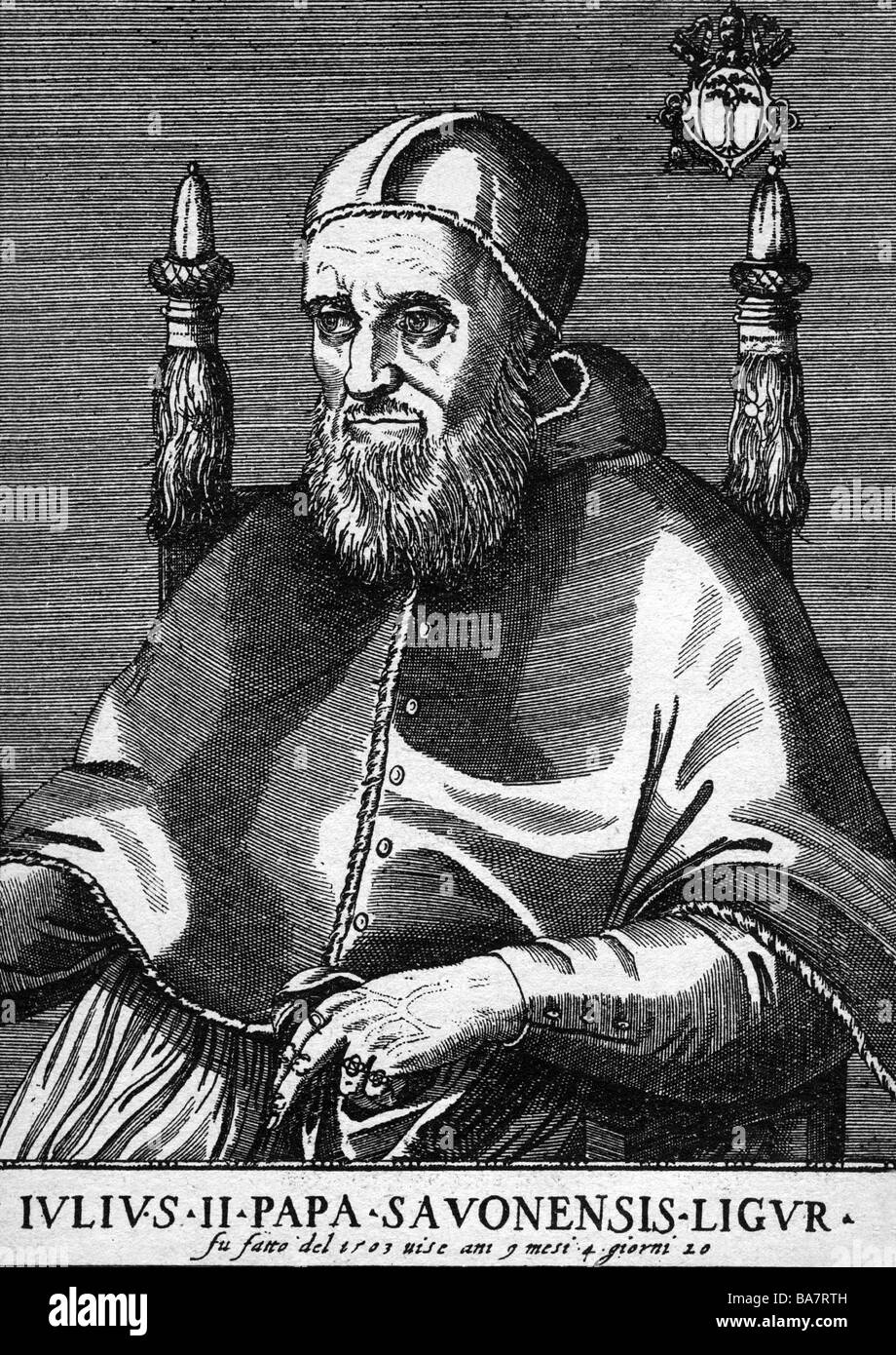 Giulio II (Giuliano della Rovere) 5.12.1443 - 21.2.1513, Papa 31.10.1503 - 21.2.1513, a mezza lunghezza e incisione su rame, XVI secolo, , artista del diritto d'autore non deve essere cancellata Foto Stock