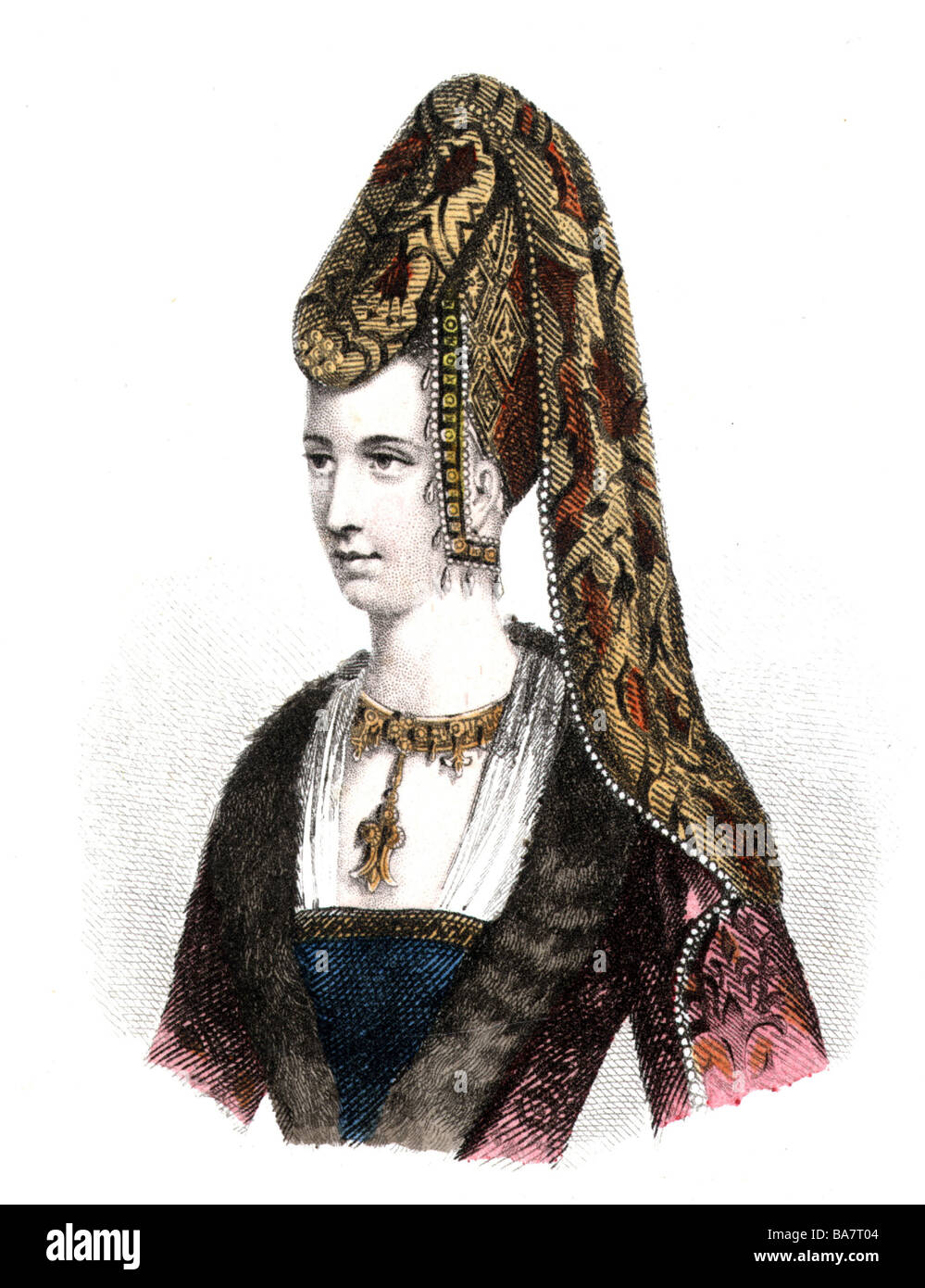 Isabeau di Baviera, 1371 - 29.9.1435, Queen Consort di Francia dal 1385, moglie di Carlo VI di Francia, ritratto, incisione colorata dopo immagine contemporanea, 19th secolo, Foto Stock