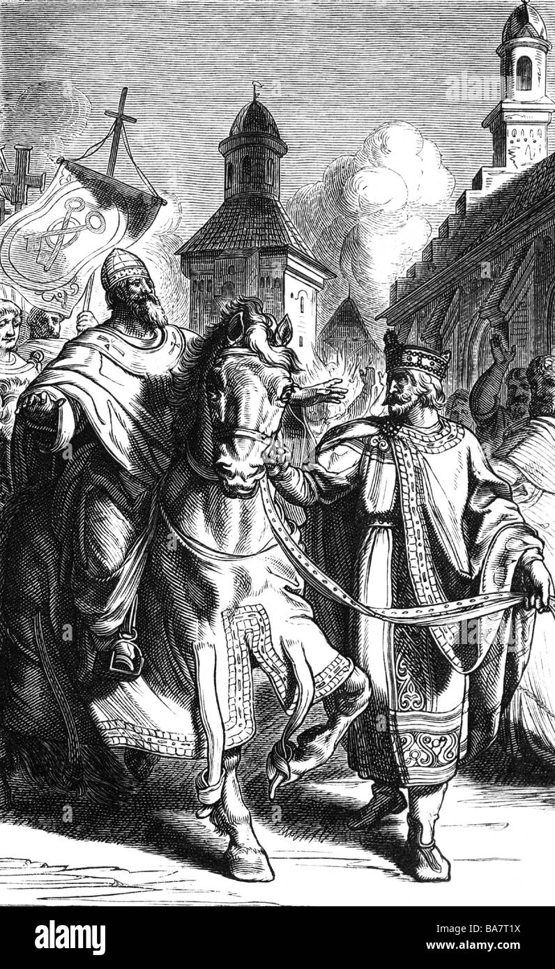 Lothaire III, 1075 - 4,12. 1137, Sacro Romano Impero 4.6. 1133 - 4.12.1137, accogliendo Papa Innocenzo II a Liegi, 22.3.1131, incisione in legno, 19th secolo, , Foto Stock