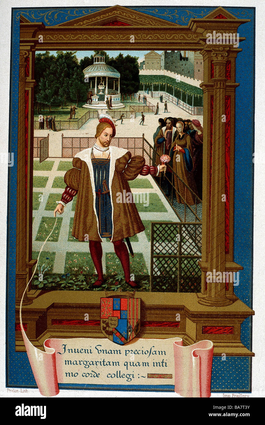 Henri IV, 13.12.1553 - 14.5.1610, re di Francia 27.2.1594 - 14.5.1610, a lunghezza intera, in giardino di Alencon, cromolithografo di Pralon dopo miniatura, 16th secolo, Foto Stock