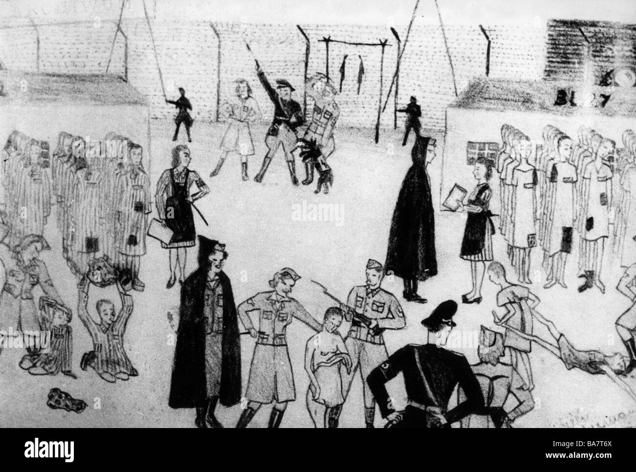 Nazismo / nazionalsocialismo, crimini, campi di concentramento, Auschwitz, Polonia, maltrattamenti di prigionieri, disegno di un bambino prigioniero, circa 1943, Foto Stock