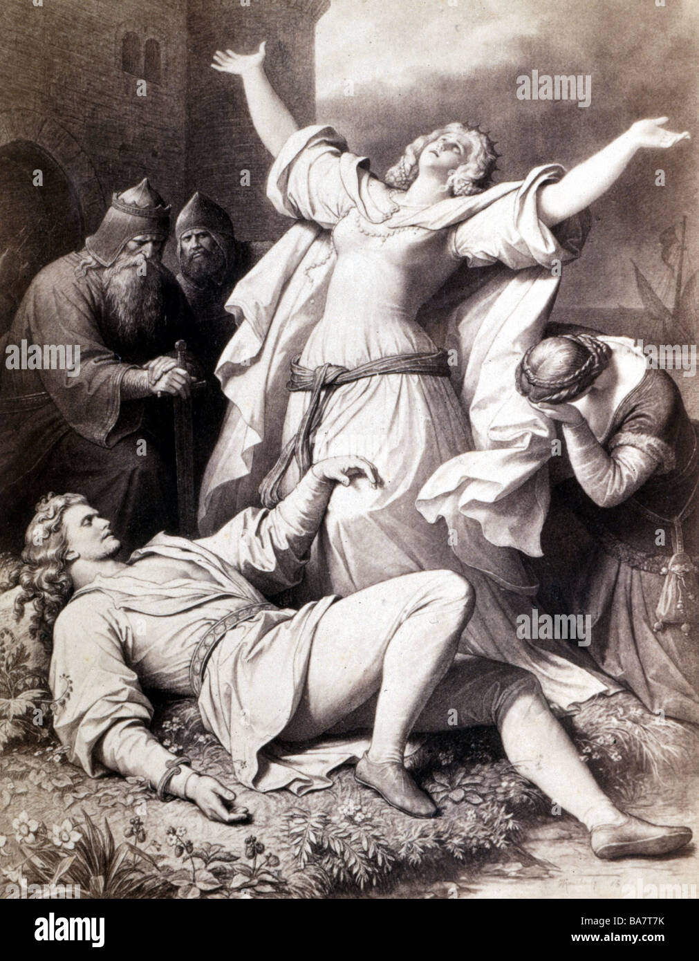 Wagner, Richard, 22.5.1813 - 13.2.1883, compositore tedesco, opere, opera 'Tristan und Isolde', Isolde al corpo morto di Tristan, immagine della cartolina del gabinetto, di J. Albert, dopo la pittura di W. Kaulbach, Foto Stock
