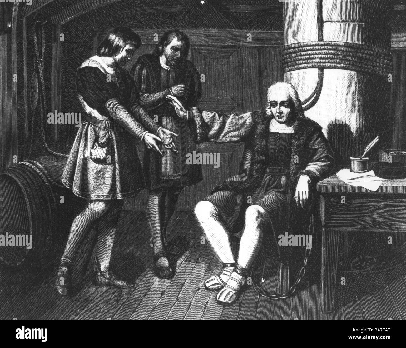 Columbus, Christopher, 1451 - 20.5.1506, Italiano explorer, a piena lunghezza e viene portato per tornare in Spagna in catene, dopo un dipinto da Francisco Jover y Casanova, artista del diritto d'autore non deve essere cancellata Foto Stock