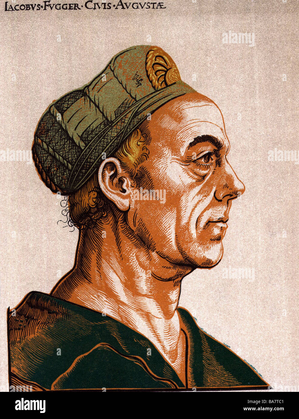 Fugger, Jacob II 'I Ricchi', 6.3.1459 - 30.10.1525, commerciante, banchiere, ritratto, legno colorato, di Hans Burgkmair (1473 - 1531), Foto Stock