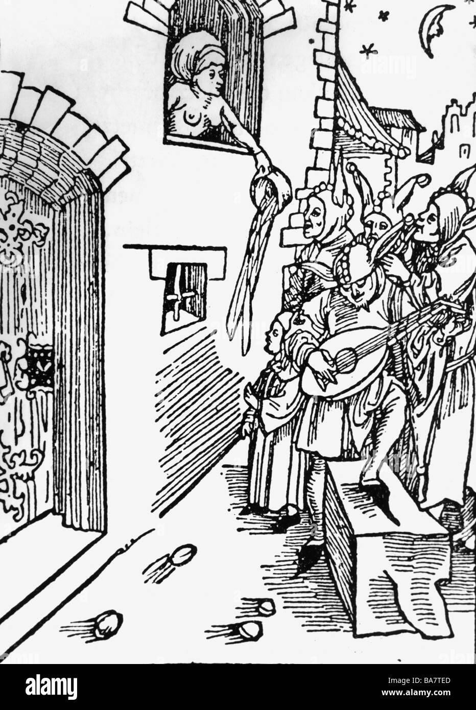 Musica, musicisti di strada, donna che svuota il suo piatto da camera su bubers, legno, Sebastian Brent 'Ship of Fools' ('Das Narrenschiff'), Basel, 1494, , Foto Stock