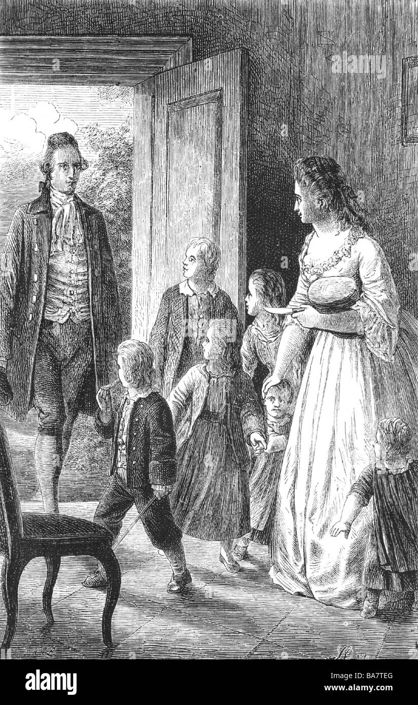 Goethe, Johann Wolfgang, 28.8.1749 - 22.3.1832, autore/scrittore tedesco, opere, 'le Sorrows of Young Werther' ('die Leiden des jungen Werther'), 1774, scenografia, incisione in legno di A. von Steindel 19th secolo, Foto Stock