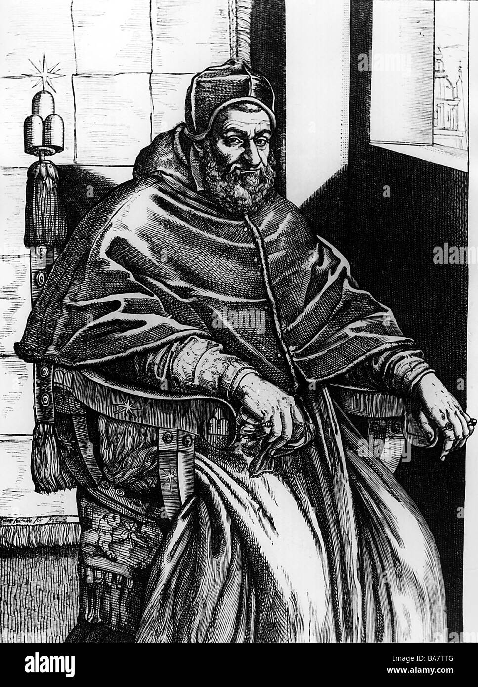Sisto V (Felice Peretti), 13. 12.1521 - 27.8.1590, Papa 24.4.1585 - 27.8.1590, mezza lunghezza, seduta, incisione su rame, Italia, XVI secolo , artista del diritto d'autore non deve essere cancellata Foto Stock Sisto V (Felice Peretti), 13. 12.1521 - 27.8.1590, Papa 24.4.1585 - 27.8.1590, mezza lunghezza, seduta, incisione su rame, Italia, XVI secolo , artista del diritto d'autore non deve essere cancellata Foto Stock