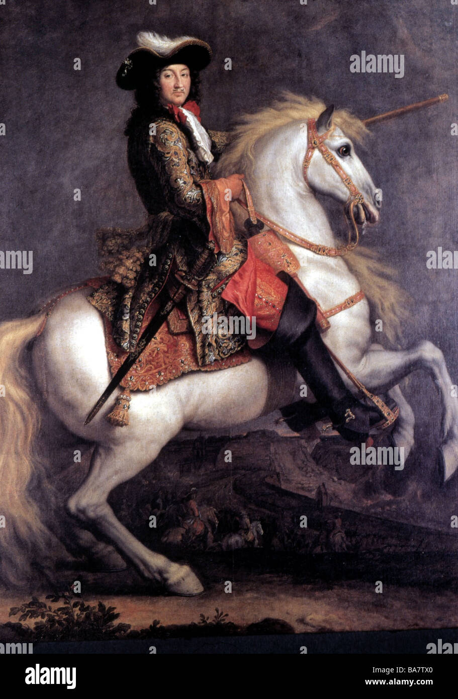 Luigi XIV, 5.9.1638 - 1.9.1715, Re di Francia 1643 - 1715, equitazione, dipinto da René Antoine Houasse, 1679, il Musee des Beaux-Arts, Arras, artista del diritto d'autore non deve essere cancellata Foto Stock