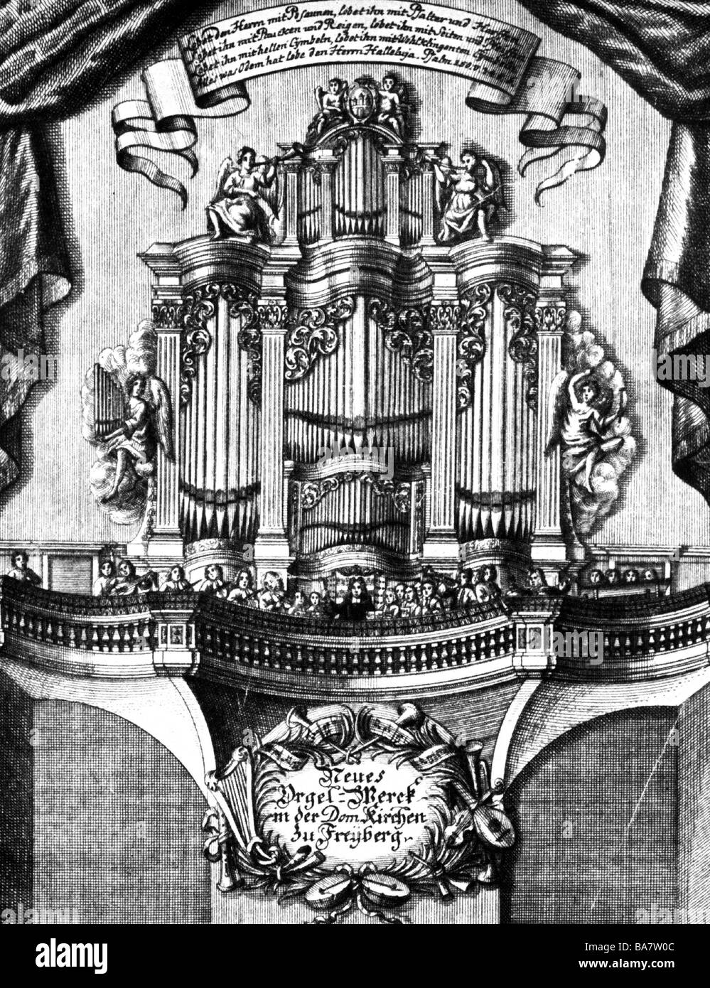 Silbermann, Gottfried, 14.1.1683 - 4.8.1753, costruttore tedesco di organi, opere, il suo organo nella Cattedrale di Friburgo, in Sassonia, incisione su rame, XVIII secolo, artista del diritto d'autore non deve essere cancellata Foto Stock