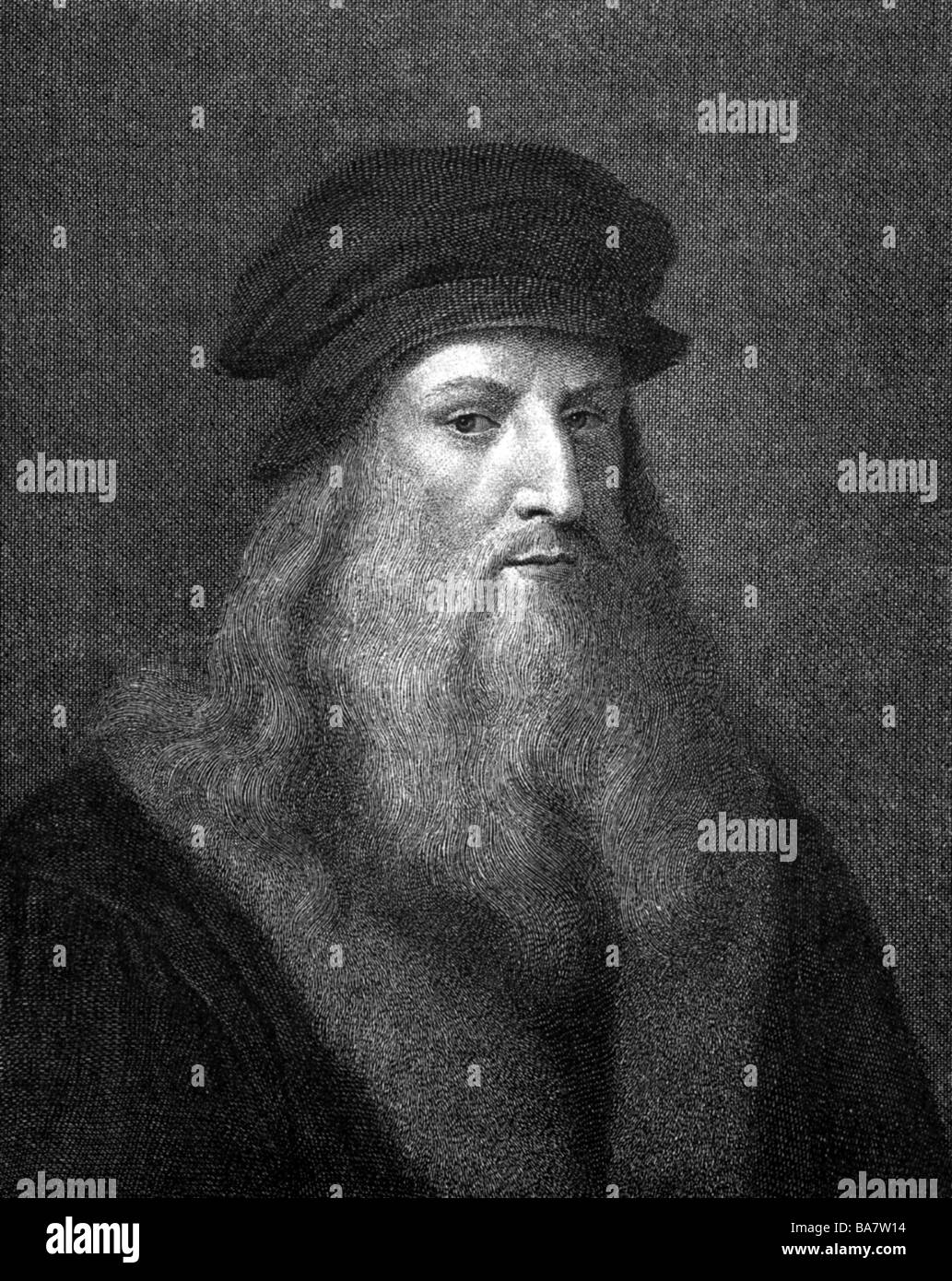 Leonardo da Vinci, 15.4.1452 - 2.5.1519, artista italiano (pittore e scultore), ritratto, incisione di R. Morghen dopo autoritratto, Foto Stock