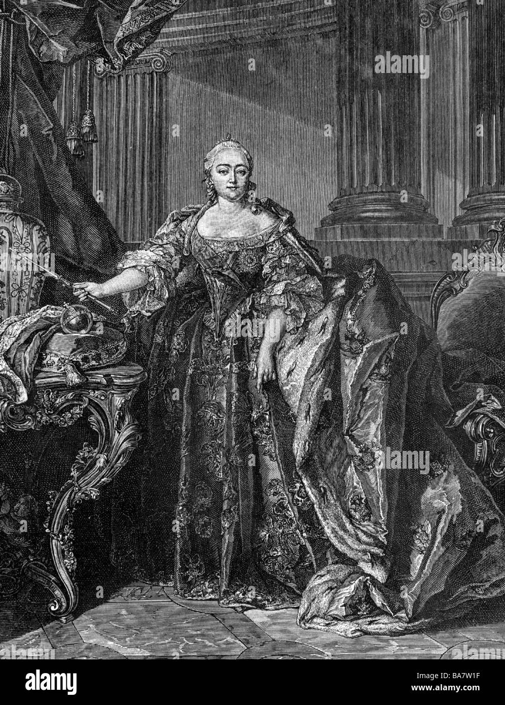 Elizebeth, 18.12.1709 - 5.1.1762, imperatrice di Russia dal 25.11.1741, a piena lunghezza e incisione su rame di G. F. Schmidt (1712 - 1775), dopo la verniciatura da L. Tocque (1695 - 1772), artista del diritto d'autore non deve essere cancellata Foto Stock