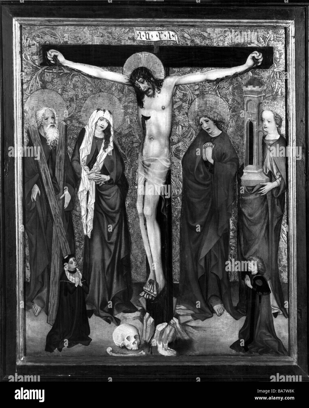 Gesù Cristo, circa 4 a.C. - circa 33 a.C., sulla croce, con Santa Maria e San Giovanni, Sant'Andrea e Santa Barbara, dipinto da Nikolaus, Foto Stock