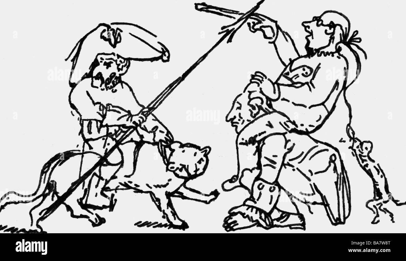 Hoffmann, E.T.A., 24.1.1776 - 25.6.1822, autore/scrittore tedesco (poeta), caricatura 'Hoffmann lotta con la burocrazia', disegno d'inchiostro, Foto Stock