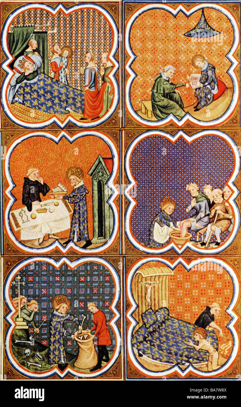 Louis IX 'il santo', 25.4.1214 - 25.8.1270, re di Francia 8.11.1226 - 25.8.1270, scenze dalla sua vita, in miniatura di Jean Fouquet, 'Grandes Chroniques des France' 1450/1460, , Foto Stock