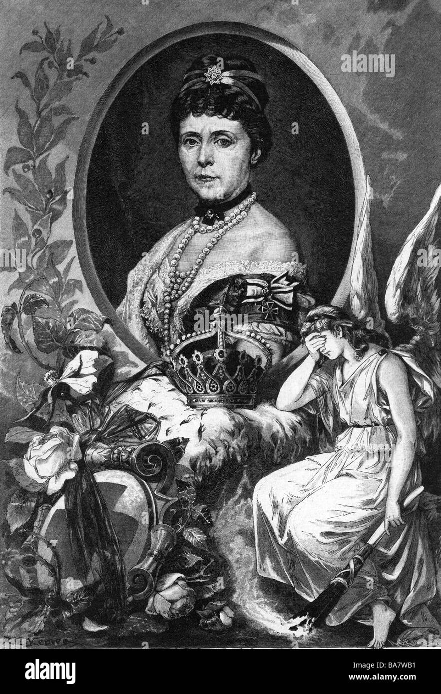 Augusta Marie, 30.9.1811 - 7.1.1890, Imperatrice tedesca 18.1.1871 - 9.3.1888, ritratto in cornice allegorica, incisione in legno, pubblicato dopo la sua morte, Foto Stock