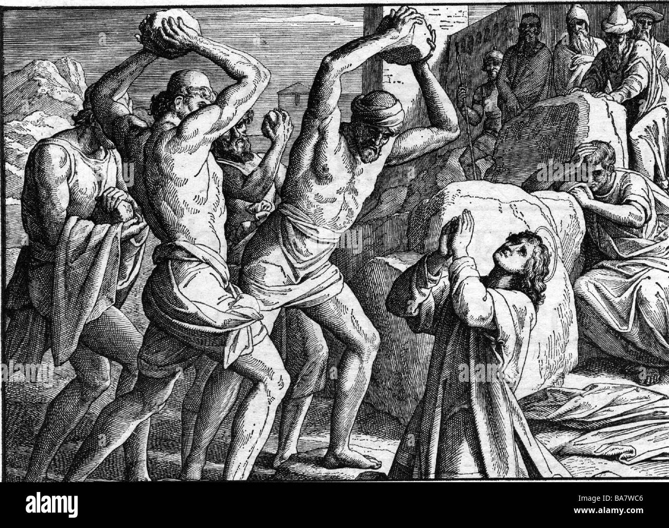 Stephen, Saint, circa 1 DC - 36/40, primo martire del cristianesimo, morte, lapidazione, incisione del legno, 19th secolo, Foto Stock