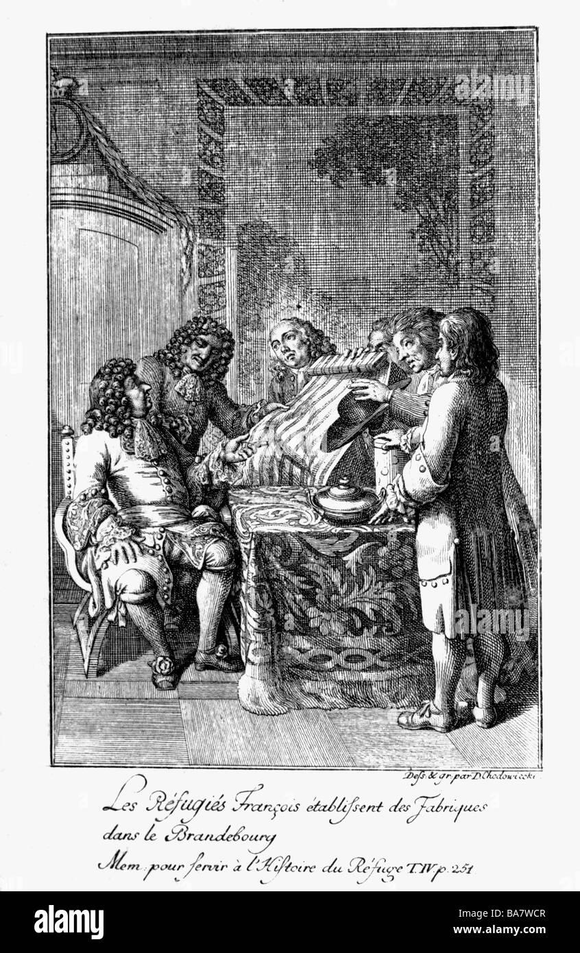 Frederick William, 16.2.1620 - 9.7.1688, 'Grande Elettore' di Brandeburgo 1.12.1640 - 9.5.1688, è mostrato i prodotti degli Huguenots, incisione di Daniel Chodowiecki, 18th secolo, Foto Stock