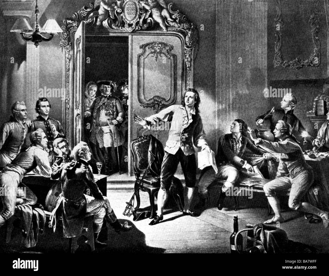 Schiller, Friedrich, 10.11.1759 - 9.5.1805, autore tedesco / scrittore, a tutta lunghezza, mostrando il suo gioco di ruolo 'i Robbers' per la prima volta, dopo la pittura di Theobald von Oer, Foto Stock