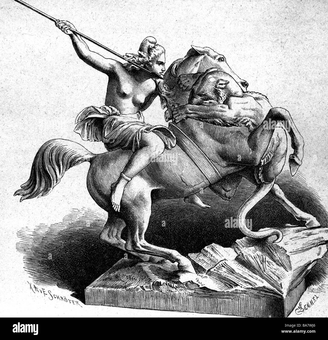 Amazzoni, figure mitologiche greche, 'Riding Amazon Fighting with Panther', a lunghezza intera, incisione in legno dopo la scultura di August Riss (1802 - 1865), , Foto Stock