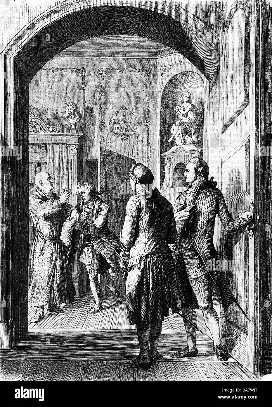 Goethe, Johann Wolfgang, 28.8.1749 - 22.3.1832, autore/scrittore tedesco, visita di ohann Christoph Gottsched, incisione del legno su disegno di Theobald von Oer, 19th secolo, , Foto Stock