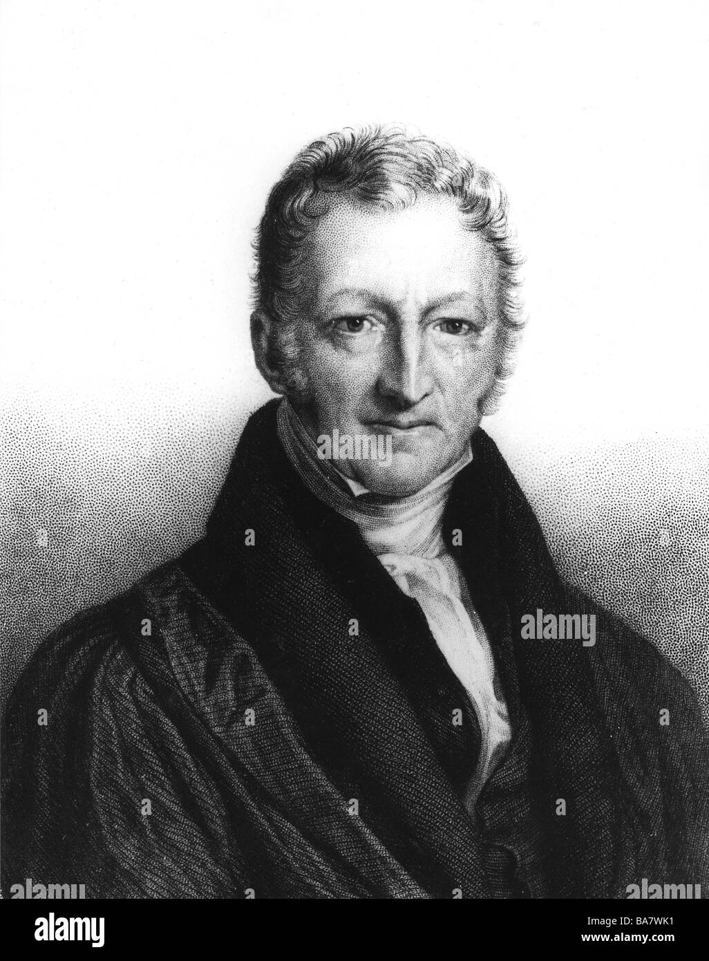 Malthus, Thomas Robert, 13.2.1766 - 23.12.1834, British National economista e filosofo sociale, ritratto, acciaio incisione di Furnier, dopo la verniciatura di J. Linnell, , artista del diritto d'autore non deve essere cancellata Foto Stock